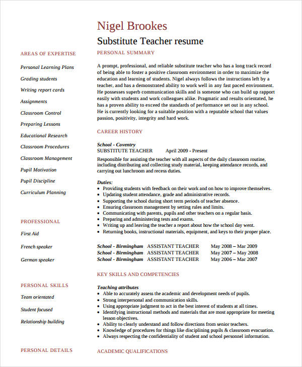 substitute teacher resume example