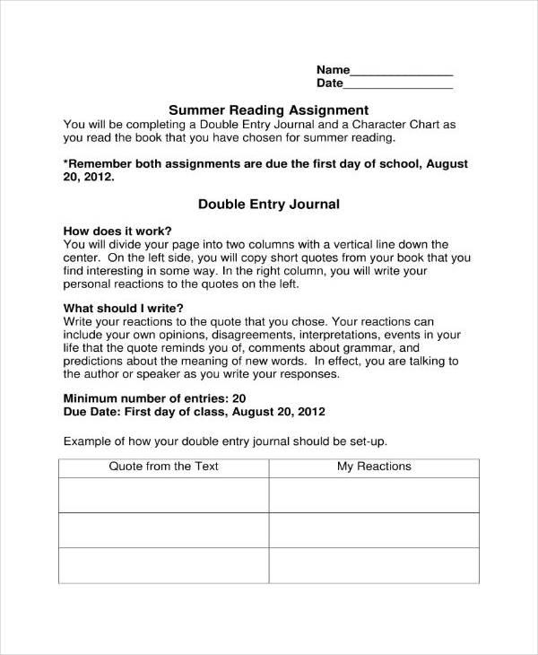 summer reading double entry journal template