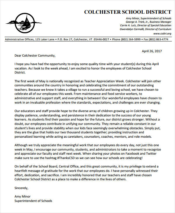 teacher staff appreciation letter sample