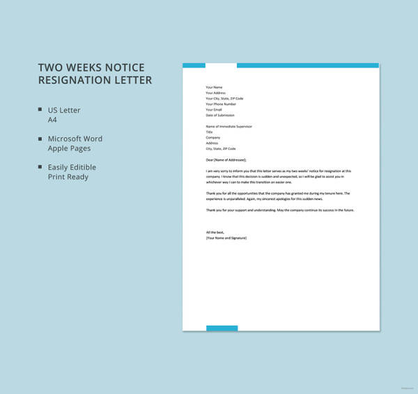 Template Resignation Letter 2 Weeks Notice