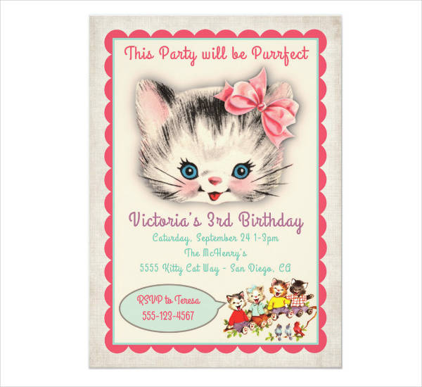 vintage kitty cat birthday party invitation