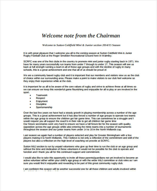 welcome note from chairman