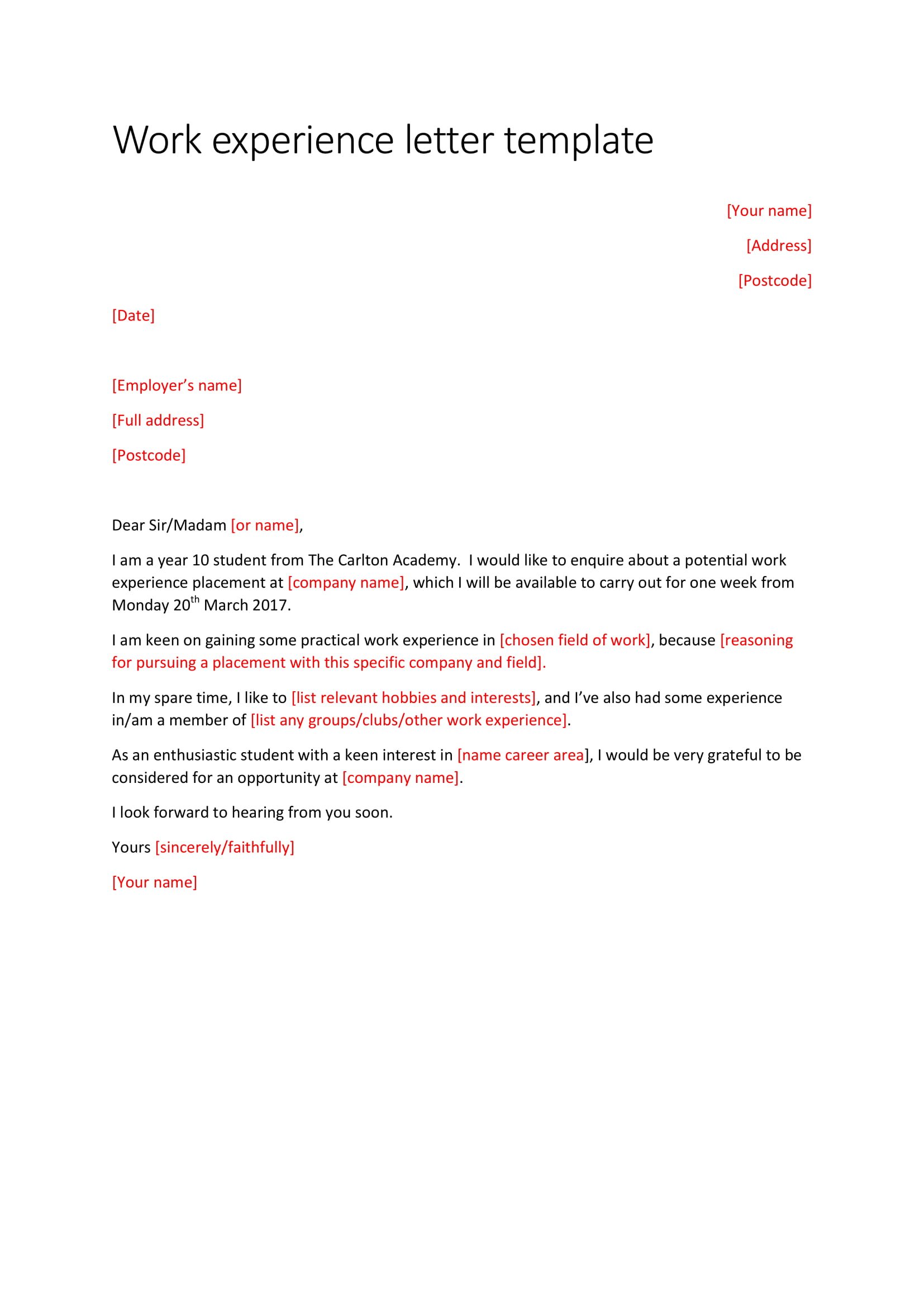 work experience letter template 1