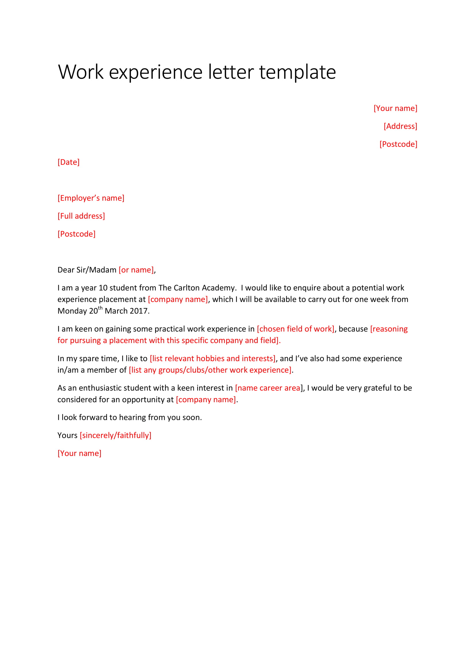 work experience letter template