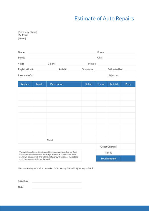 20+ Repair Estimate Templates - Auto Repair Estimate Template