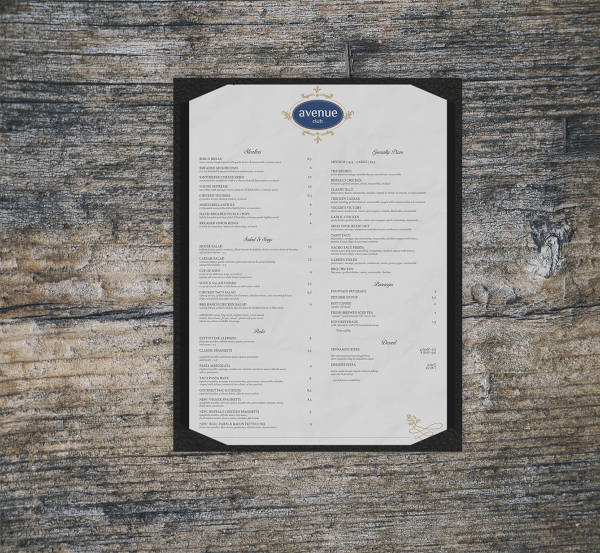 avenue restaurant menu