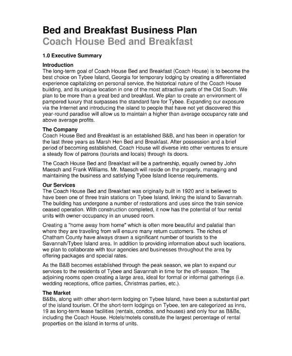 bed and breakfast business plan sample