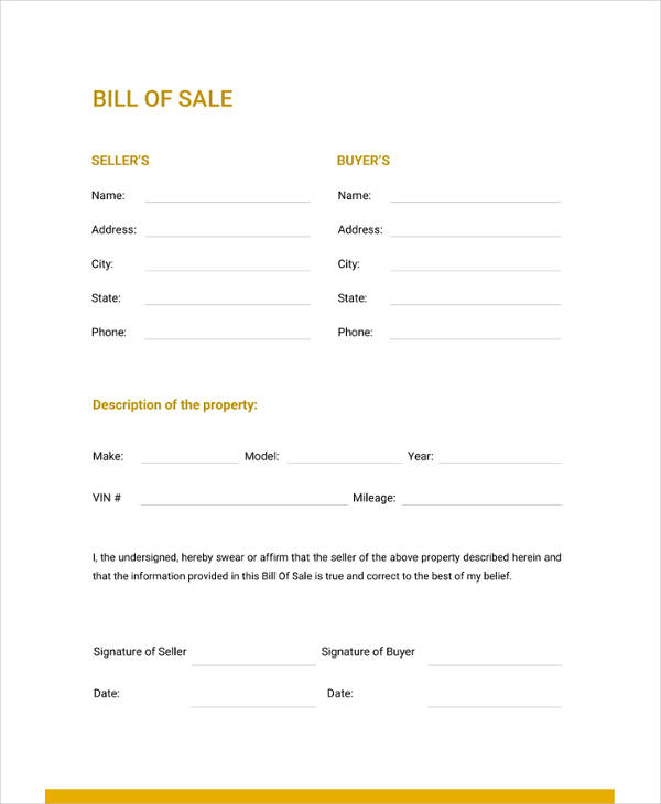 printable free bill of sale template word