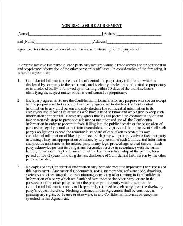 business non disclosure confidentiality agreement 