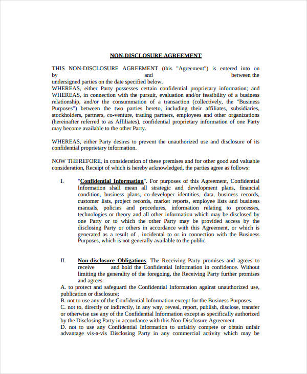 business non disclosure confidentiality agreement