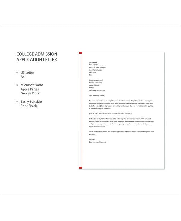 college admission application letter