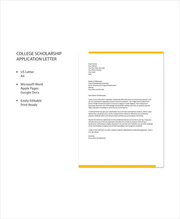 college scholarship application letter