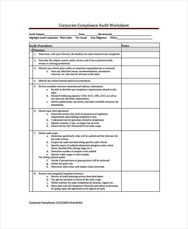 corporate compliance audit worksheet report