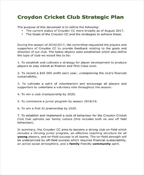 cricket club business plan
