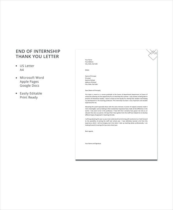 end of internship thank you letter