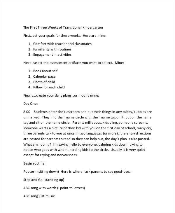 first week of kindergarten lesson plans pdf format