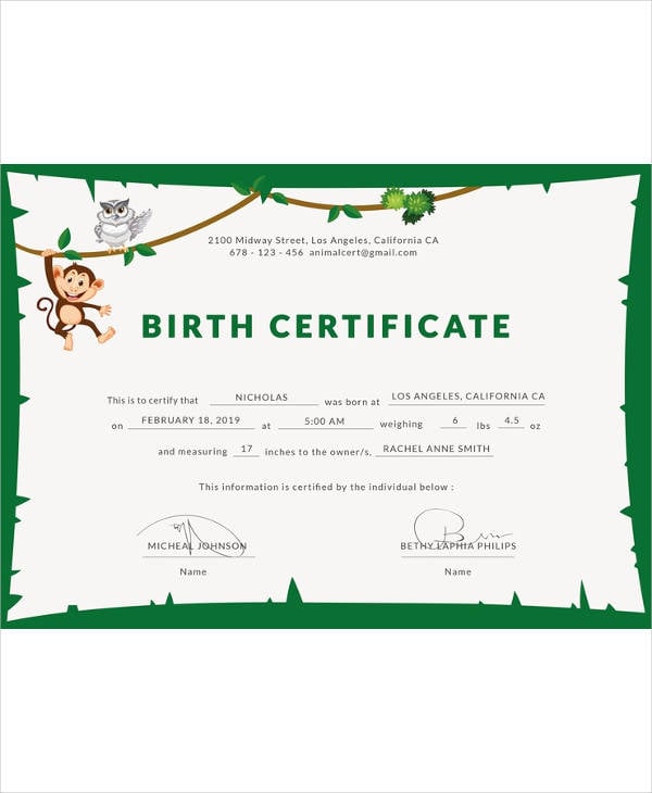 free animal birth certificate template