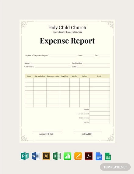 free church expense report template