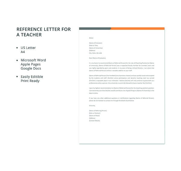 free reference letter for a teacher template