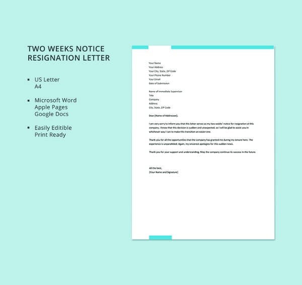 free two weeks notice resignation letter