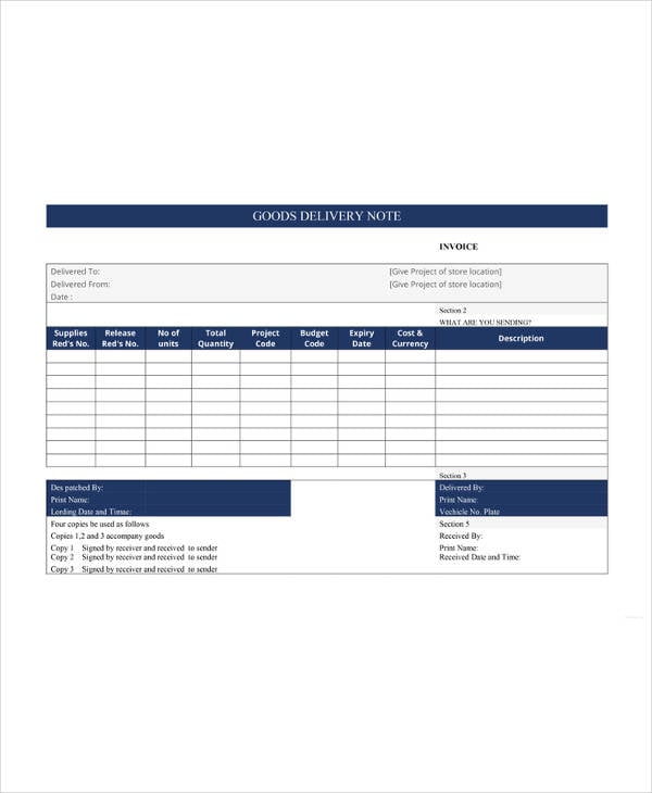 delivery note template free download pdf