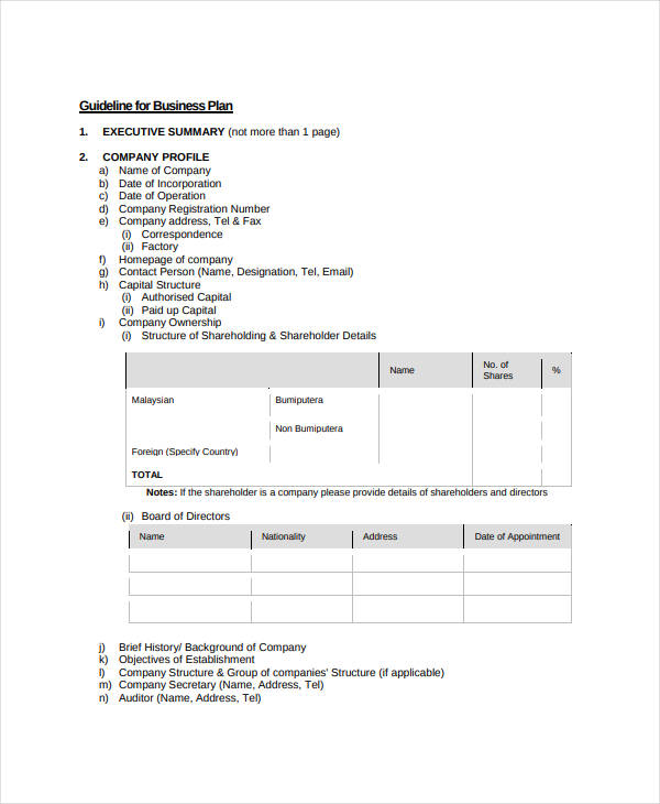 guideline for business plan printable