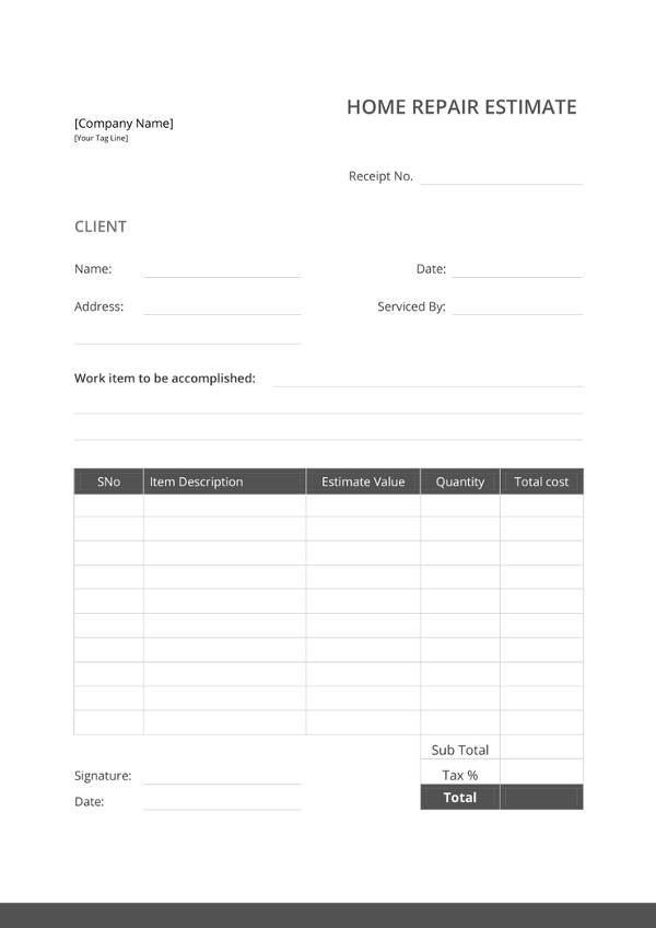 Printable Home Repair Estimate Template Templates Printable Download