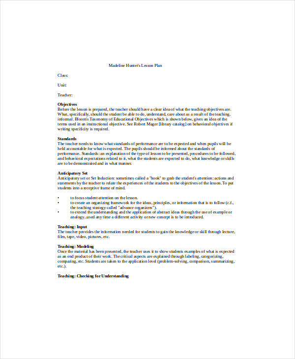 madeline hunter lesson plan blank template example