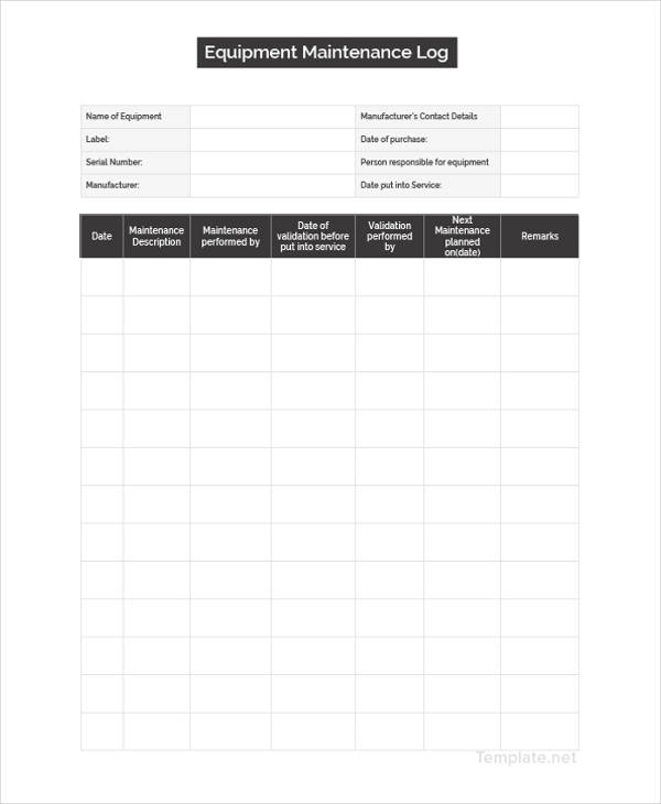 Equipment Log Template 9 Free Word Excel Pdf Format