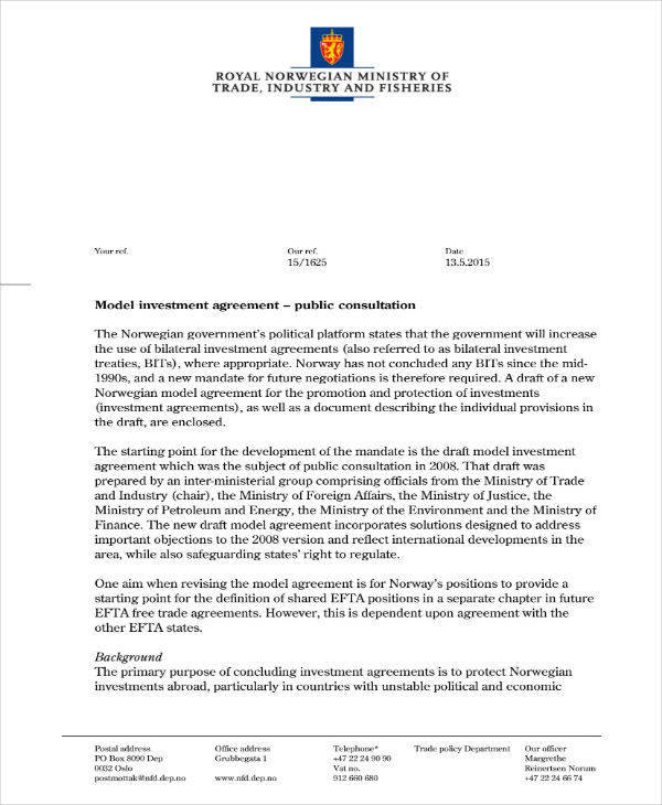 model investment agreement sample