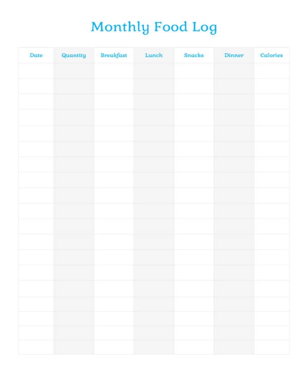 monthly food log template