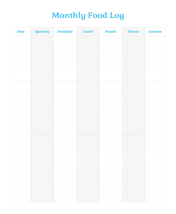 monthly food log template