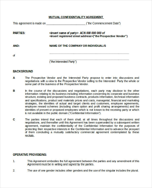 mutual business confidentiality agreement