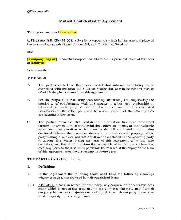 mutual confidentiality agreement example