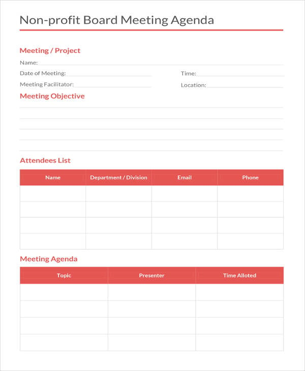 non profit board meeting agenda template