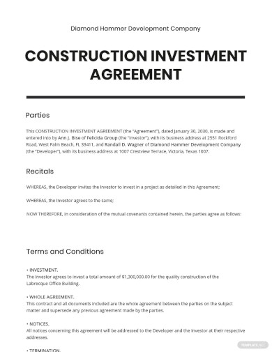 one page construction investment agreement template
