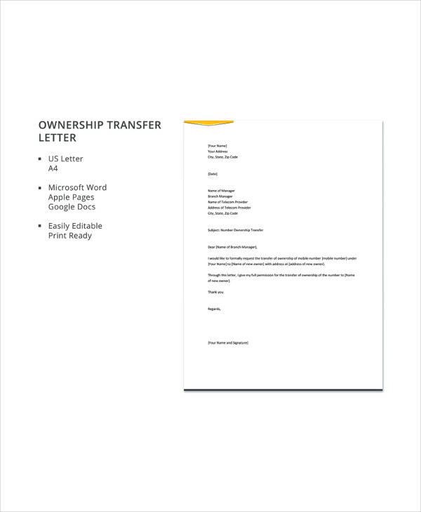 12+ Ownership Transfer Letter Templates PDF, DOC, Apple Pages, Google