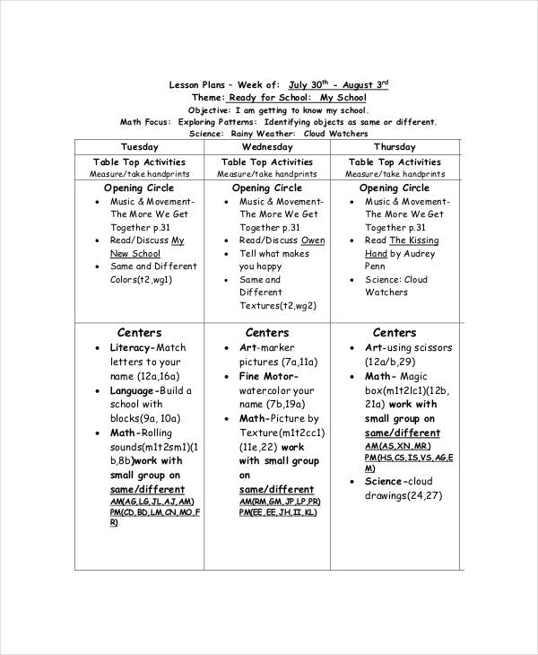 preschool weekly lesson plan template