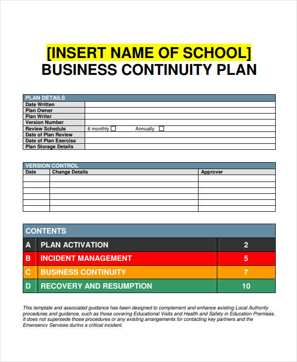 business continuity plan template example