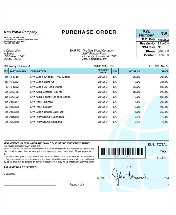 purchase order form template