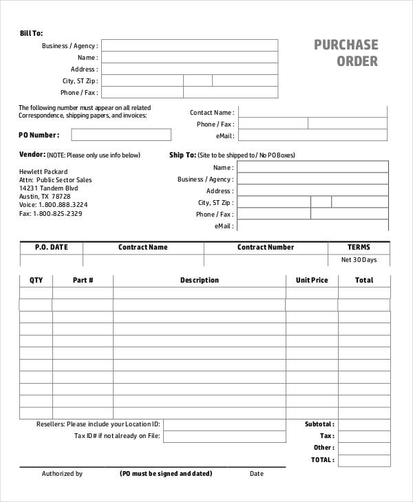 purchase order format template