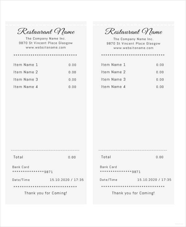 Meal Receipts Template Latest : Receipt Forms