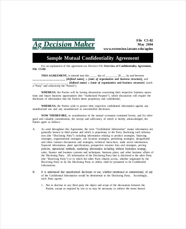sample joint confidentiality agreement