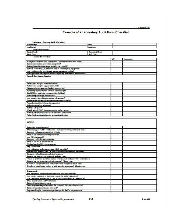 sample laboratory audit form template