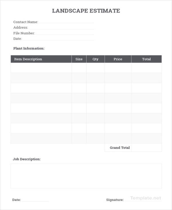 sample landscaping estimate template