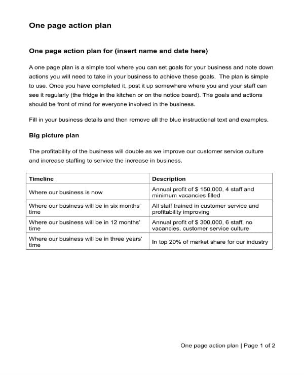 sample one page action plan