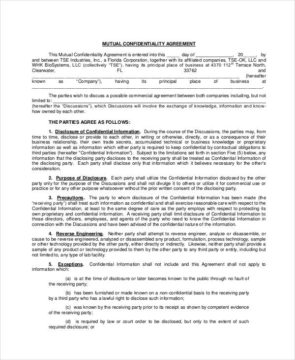 standard mutual confidentiality agreement