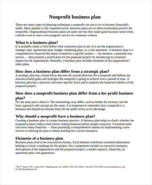 standard nonprofit business plan