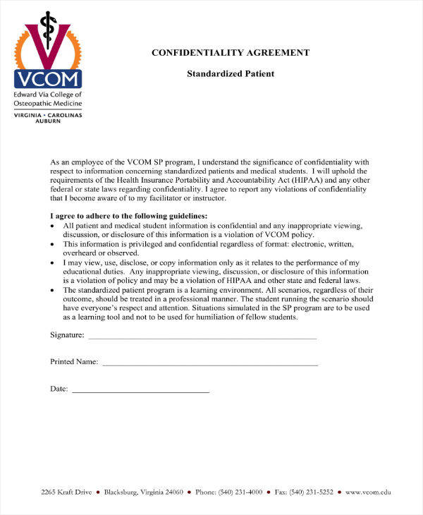 standardized patient confidentiality agreement