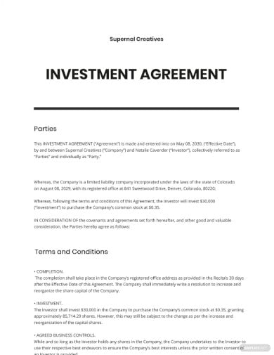 startup investment agreement template